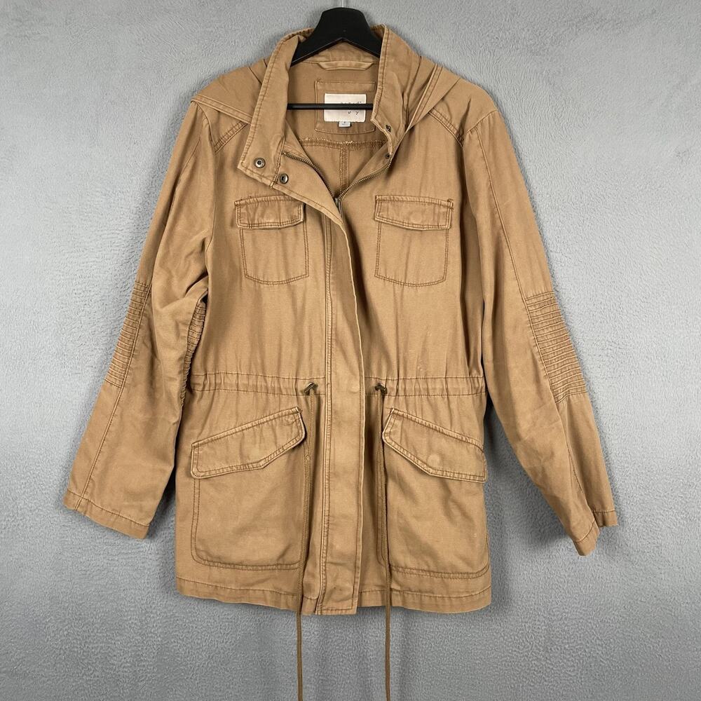 A New Day Jacket Womens L Beige Anorak Hooded Drawstring Pockets Zip Canvas